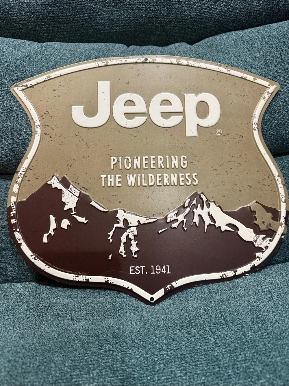 Jeep Embossed Metal Wall Sign  in Olive and Brown